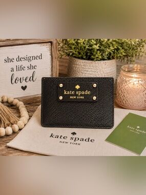 kate spade Black Pebbled Leather Card Case with Gold Logo